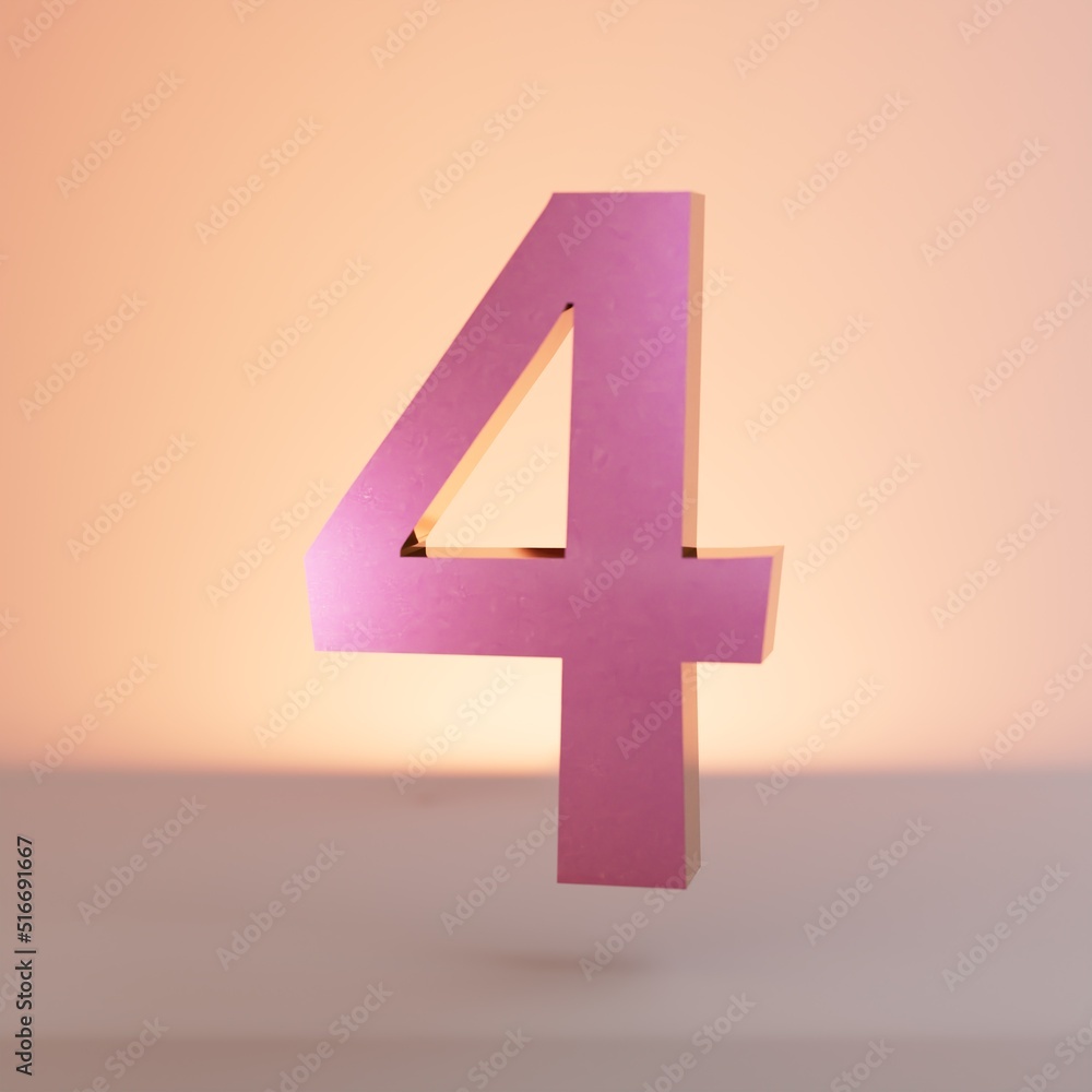 Obraz premium a large pink illuminated number 4 against a background of pastel colors. icon 4. 3d render. 3d illustration