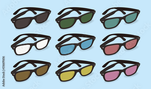 Set of 9 black framed sunglasses viewed from an angle