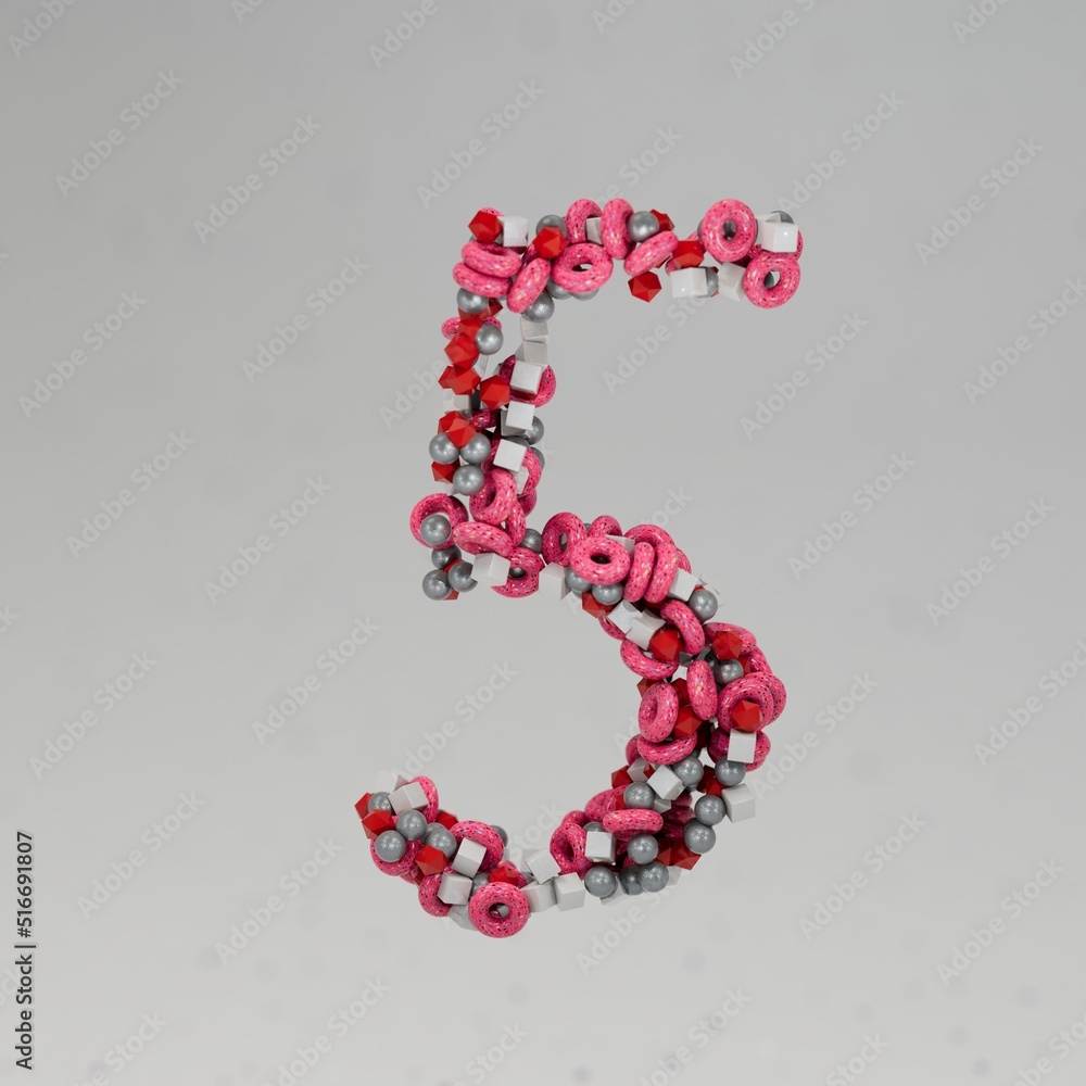 beautiful multi-colored number 5 on a gray background, consisting of particles of spheres of cubes of tori. Abstract birthday 5 years. icon number 5. 3d render. 3d illustration beautiful multi-colored number 5 on a gray background, consisting of particles of spheres of cubes of tori. Abstract birthday 5 years. icon number 5. 3d render. 3d illustration