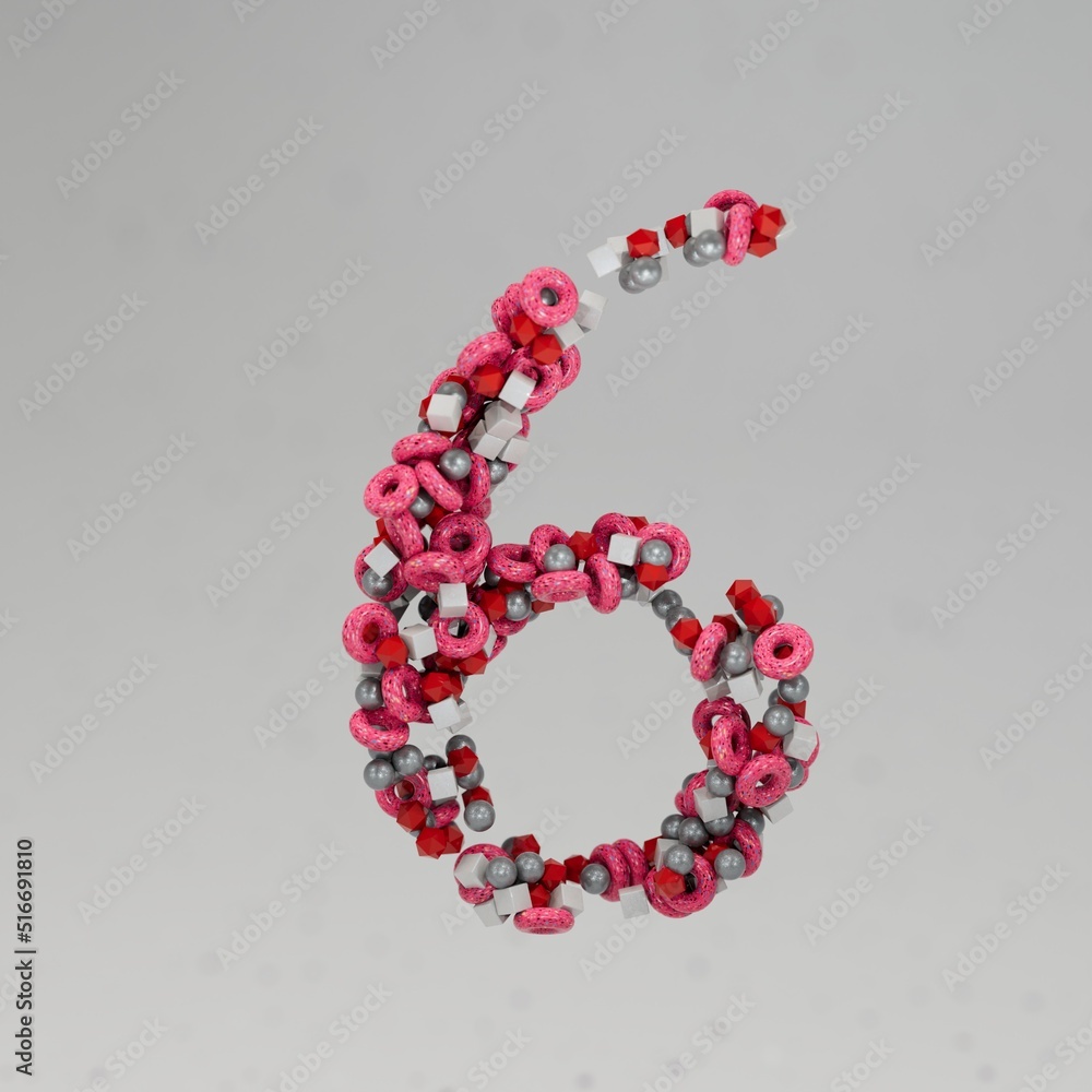 beautiful multi-colored number 6 on a gray background, consisting of particles of spheres of cubes of tori. Abstract birthday 6 years. icon number 6. 3d render. 3d illustration beautiful multi-colored number 6 on a gray background, consisting of particles of spheres of cubes of tori. Abstract birthday 6 years. icon number 6. 3d render. 3d illustration