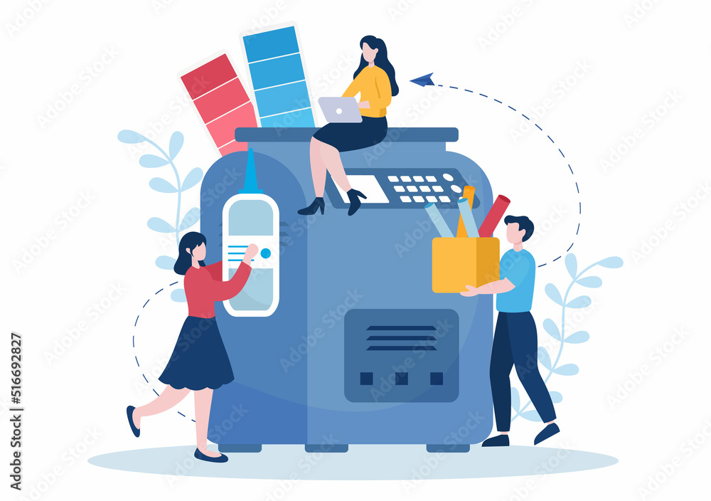 Print Shop Illustration with Production Process at Printing House and Machines for Operating big File Printers in Flat Style Cartoon