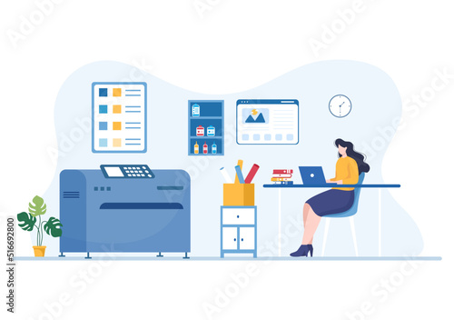 Print Shop Illustration with Production Process at Printing House and Machines for Operating big File Printers in Flat Style Cartoon