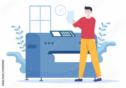 Print Shop Illustration with Production Process at Printing House and Machines for Operating big File Printers in Flat Style Cartoon