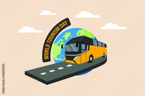 Travel the world by bus. World tourism day concept. Colored flat cartoon vector illustration. © klikline