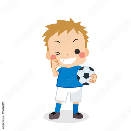 サッカーボールを抱えてガッツポーズをする可愛い男の子のイラスト 白背景 全身 クリップアート