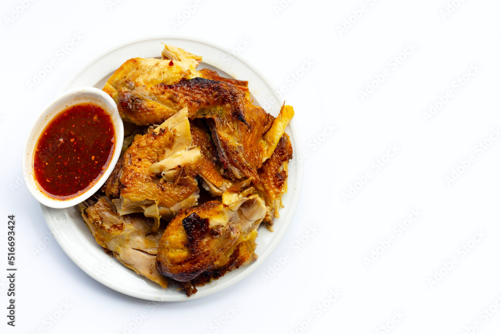 Grilled chicken, Thai style food on white background. Grilled chicken, Thai style food on white background.