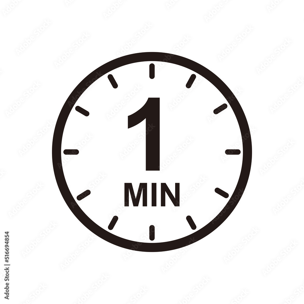 One minute icon. Symbol for product labels. Different uses such as cooking time, cosmetic or chemical application time, waiting time One minute icon. Symbol for product labels. Different uses such as cooking time, cosmetic or chemical application time, waiting time