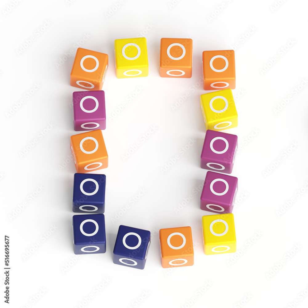 Letter O from cubes. Font from cubes. 3D illustration. White background. Lettering design element. Children's font for learning the alphabet. Initial cap. Big O Letter O from cubes. Font from cubes. 3D illustration. White background. Lettering design element. Children's font for learning the alphabet. Initial cap. Big O