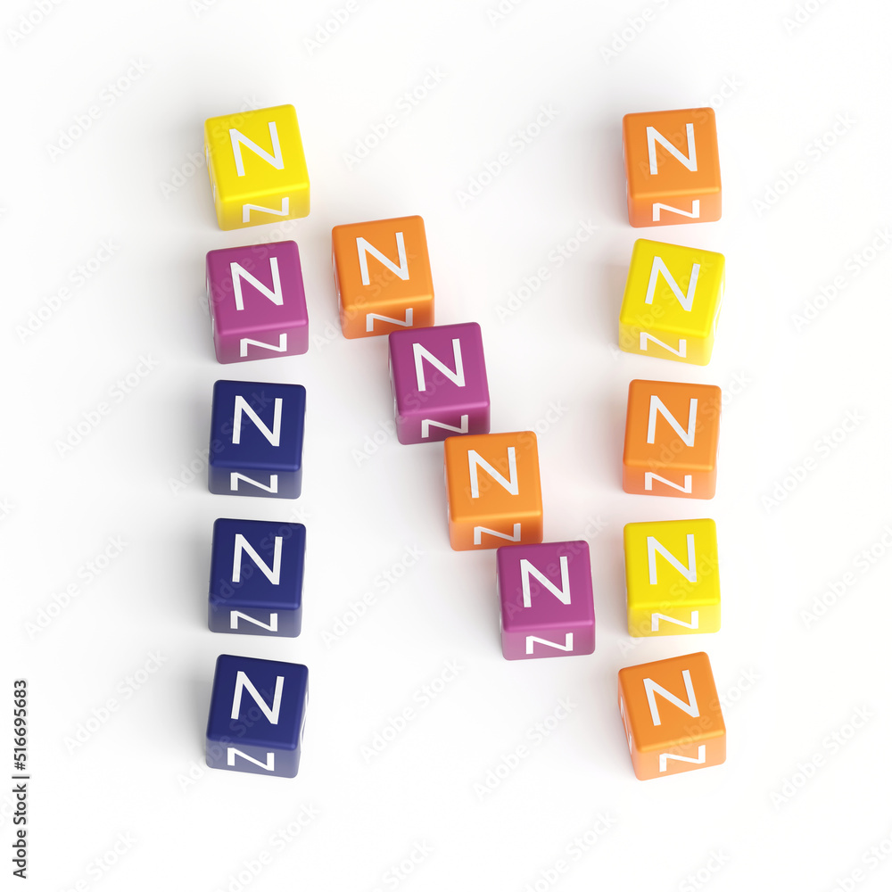 Letter N from cubes. Font from cubes. 3D illustration. White background. Lettering design element. Children's font for learning the alphabet. Initial cap. Big N Letter N from cubes. Font from cubes. 3D illustration. White background. Lettering design element. Children's font for learning the alphabet. Initial cap. Big N