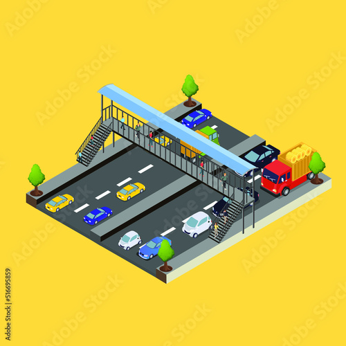 Valokuva Crowded road with footbridge isometric 3d vector illustration concept for banner, website, illustration, landing page, flyer, etc