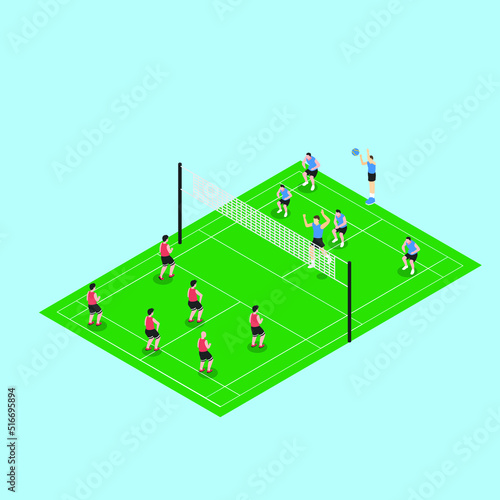 Two teams playing against each other in a volleyball game isometric 3d vector illustration concept for banner, website, illustration, landing page, flyer, etc.