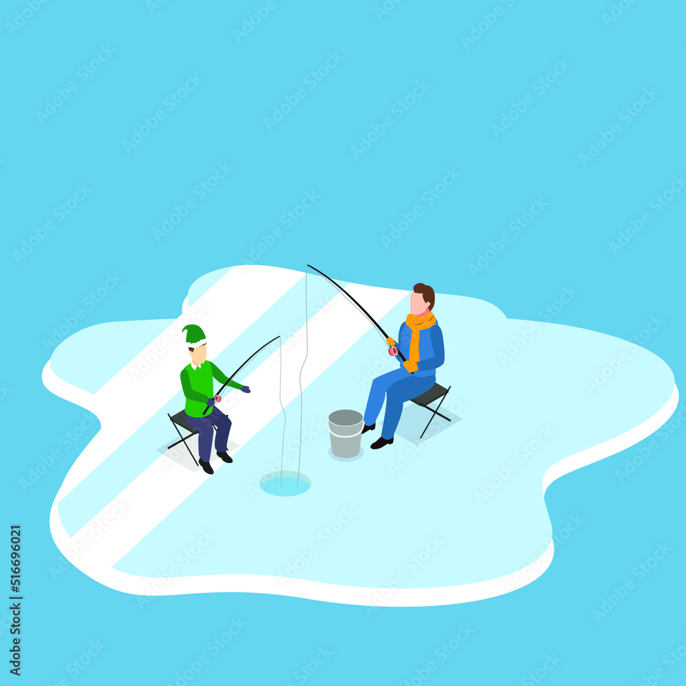 Two men go fishing on the ice through a hole isometric 3d vector illustration concept for banner, website, illustration, landing page, flyer, etc.