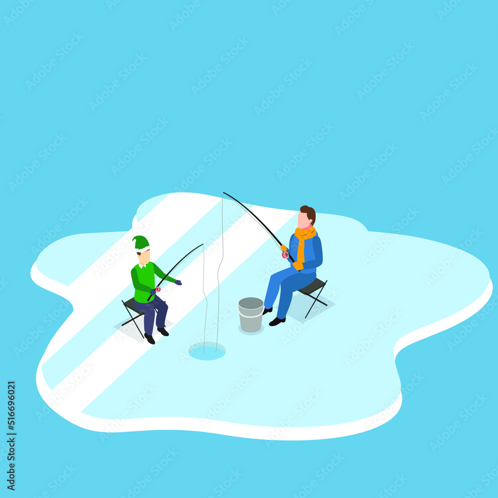 Two men go fishing on the ice through a hole isometric 3d vector illustration concept for banner, website, illustration, landing page, flyer, etc. Two men go fishing on the ice through a hole isometric 3d vector illustration concept for banner, website, illustration, landing page, flyer, etc.