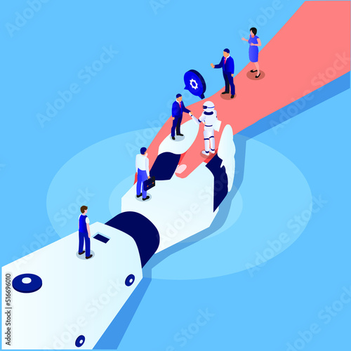 Businessman and robot shaking hands isometric 3d vector illustration concept for banner, website, illustration, landing page, flyer, etc.