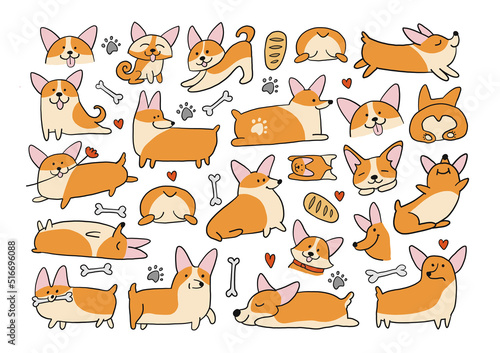 Corgi dogs set. Funny Puppies collection. Sketch for your design