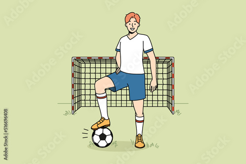 Smiling goalkeeper in uniform standing on field. Happy man player with ball playing football outdoors. Sport and hobby. Vector illustration. 