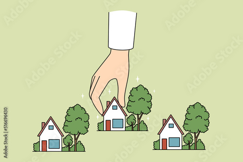 Real estate agent working with small house miniatures. Realtor or broker hand holding homes maquettes. Realty and rent concept. Vector illustration. 