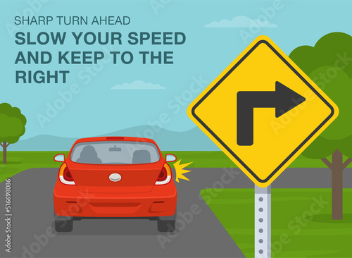 Safe driving tips and traffic regulation rules. "Sharp turn" ahead, slow your speed and keep to the right. Red car is turning right on sharp turn. Flat vector illustration template.