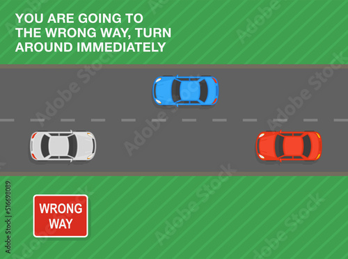 Safe driving tips and traffic regulation rules. Wrong way road sign meaning. You are going to the wrong way, turn around immediately. Top view of a city road. Flat vector illustration template.