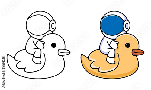 cute astronaut sitting on duck tires coloring page for kids