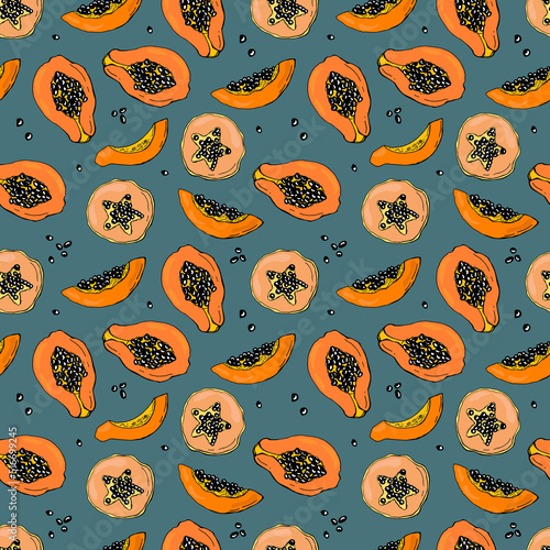 Seamless pattern with papaya fruit. Design for fabric, textile, wallpaper, packaging.