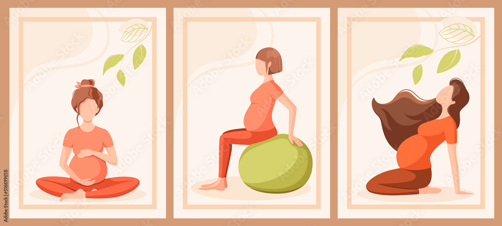 Pregnant women do yoga. A set of illustrations. Healthy lifestyle. Cartoon design.
