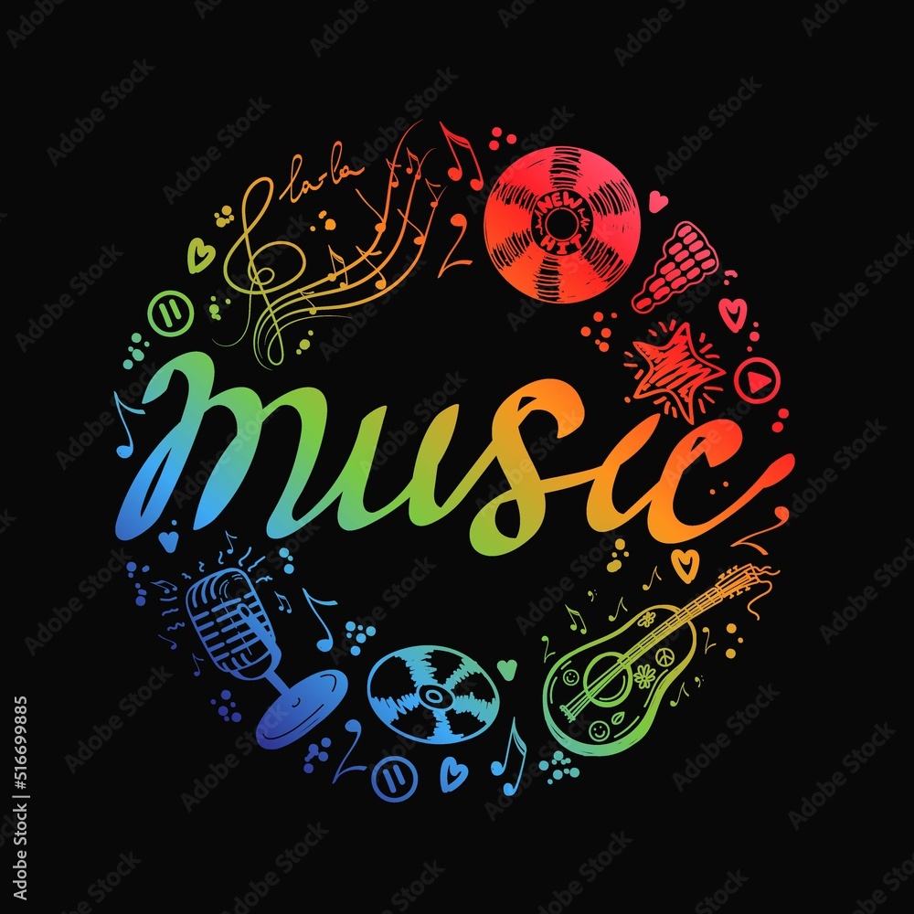 Frame with musical elements in a circle, hand-drawn in sketch style. Circle frame with hand-drawn musical lettering. Vinyl record, old microphone, etc. Rainbow elements on black background.