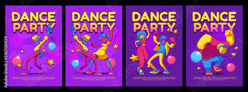 Dance party flyers with happy dancing contemporary characters. Invitation ads cards for night club promo with cute cartoon people fun during festival or music battle event trendy Vector posters design