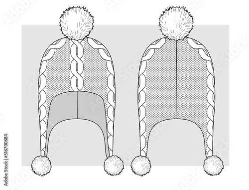 Knitted hat with earflaps with pompoms technical sketch. Vector illustration.