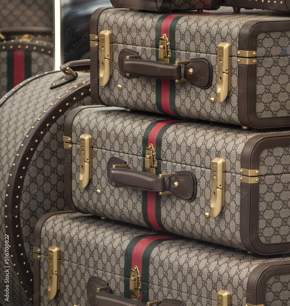 luxury set of Gucci suitcases. Milan - Italy, July 09 2022 Stock