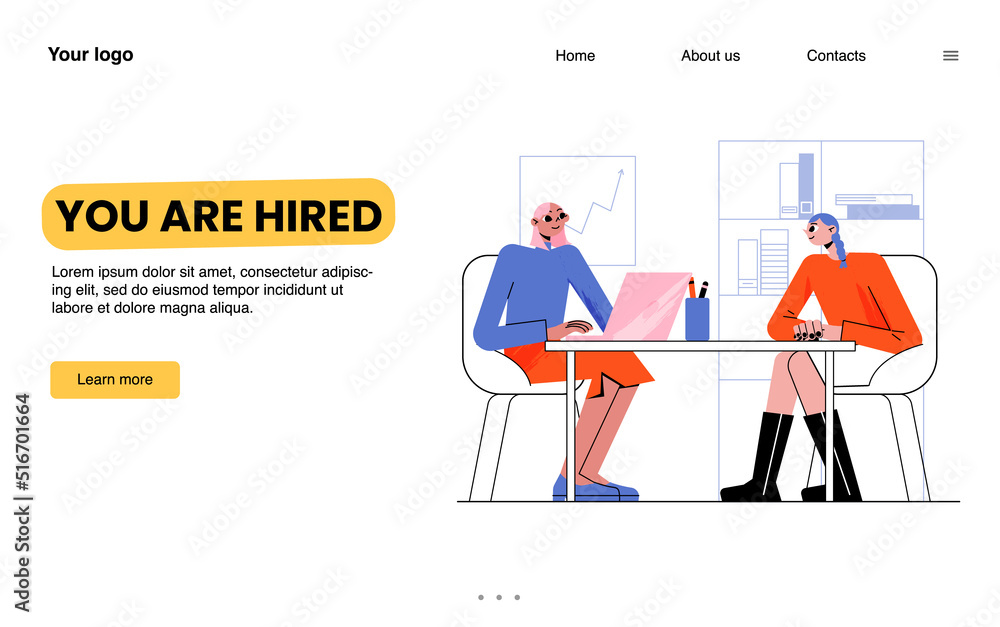 You are hired landing page, recruitment concept with hr manager interviewing candidate. Female characters sitting at desk with laptop. Human resource service agency, Line art flat vector web banner