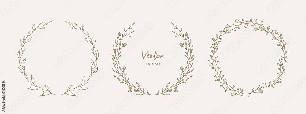 Hand drawn floral frames with flowers, branch and leaves. Wreath. Elegant logo template. Vector illustration for labels, branding business identity, wedding invitation Hand drawn floral frames with flowers, branch and leaves. Wreath. Elegant logo template. Vector illustration for labels, branding business identity, wedding invitation