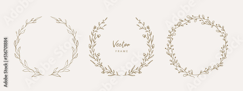 Hand drawn floral frames with flowers, branch and leaves. Wreath. Elegant logo template. Vector illustration for labels, branding business identity, wedding invitation