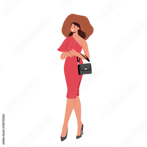 Woman in Hat and Red Dress with Handbag Isolated on White Background. Young Sexy Female, Attractive Girl, Elegant Lady