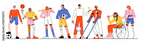 Paralympic disabled athletes, sport people with body injuries. Men and women on wheelchair, bionic leg or arm prosthesis. Young characters soccer, baseball, race, basketball players Flat vector set