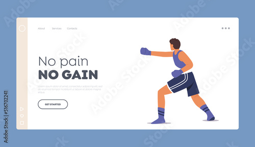 Athletic Man in Sportswear and Gloves Boxing on Ring Landing Page Template. Male Character Professional Sportsman Boxer