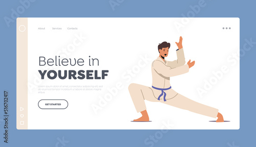 Martial Arts Landing Page Template. Young Man Karateka Wearing Kimono Uniform and Blue Belt Presenting Karate Fight