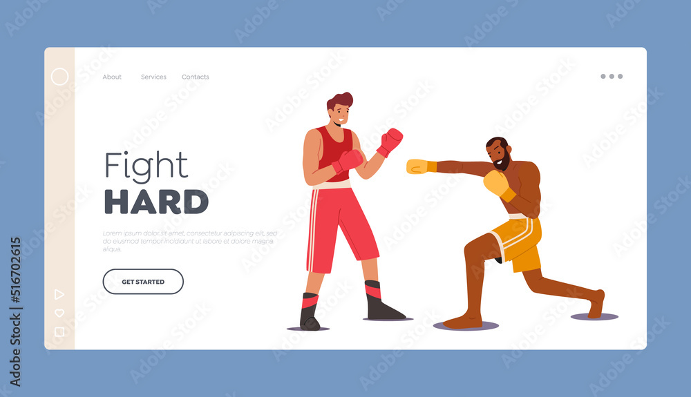 Boxing Sports on Ring Landing Page Template. Couple of Male Characters Sportsmen Boxers Punching and Exchange Blows