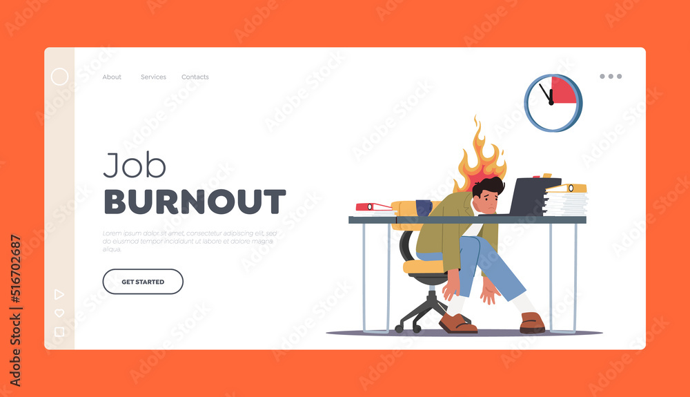 Job Burnout Landing Page Template. Overloaded Worker Deadline Stress. Burned Down Businessman Sitting at Office Desk