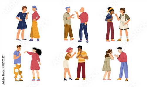 Couples conflict, quarrel, angry male and female characters arguing. Homosexual and heterosexual pairs scandal, divorce, spousal abuse. People swear and argue, Line art flat vector illustration