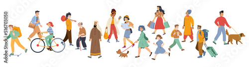 Diverse pedestrian walk, passerby people tourist with bag, businessman, teenager, student or schoolgirl, senior and young characters, arab, men and women dwellers Line art flat vector illustration