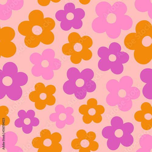 Groovy Daisy Flowers Seamless Pattern. Floral Vector Background in 1970s Hippie Retro Style