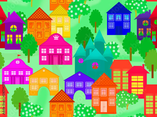 Seamless pattern with colorful houses in a fairytale city with green streets and trees.