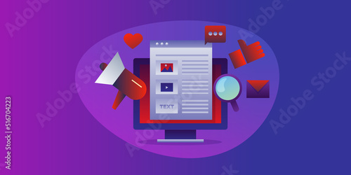 Business blogging, content marketing and social media promotion, internet communication technology, brand message advertising spreading online, conceptual web banner template with gradient background.
