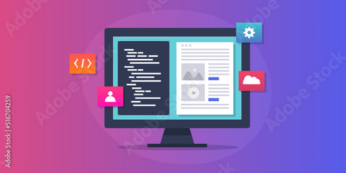 Content management system software application, web blog development, coding and programming app, business CMS technology concept, banner template.