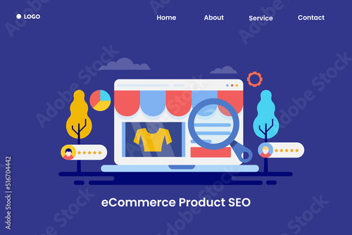 Browsing product on ecommerce web store, ecommerce product seo with customer review on laptop screen, conceptual web banner template.