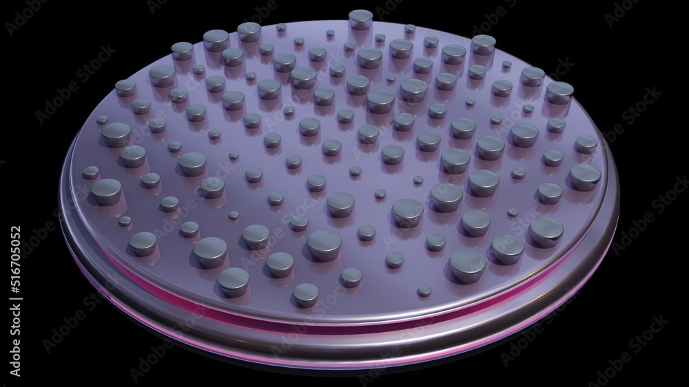 Metalens , Meta-lens. Array of small lenses mounted on disk wafer. Micro lenses. Microlenses .Array of pins, connectors on microchip. 3d render illustration. Metalens , Meta-lens. Array of small lenses mounted on disk wafer. Micro lenses. Microlenses .Array of pins, connectors on microchip. 3d render illustration.