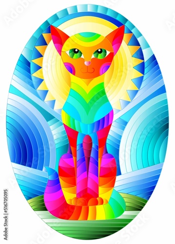 Illustration in stained glass style with abstract geometric cat and the sun on an abstract blue background, oval image