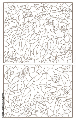 A set of contour illustrations in the style of stained glass with cute sloth and chameleon on tree branches  dark contours on a white background