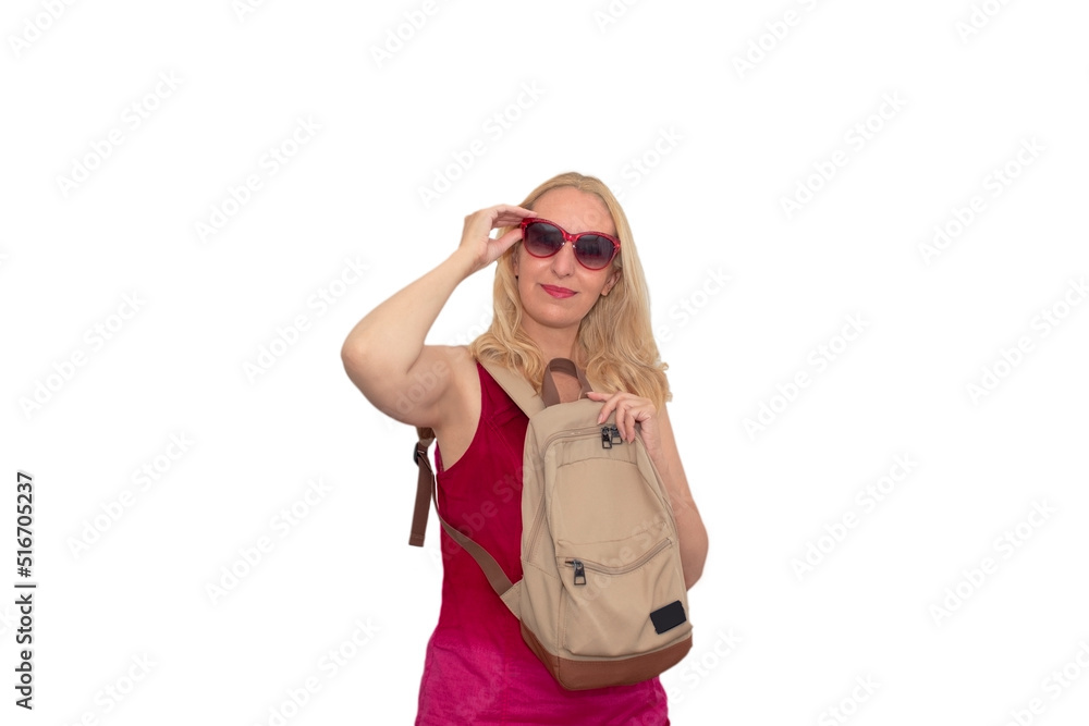 Casual female in fashion sun glasses and bag on white background Casual female in fashion sun glasses and bag on white background